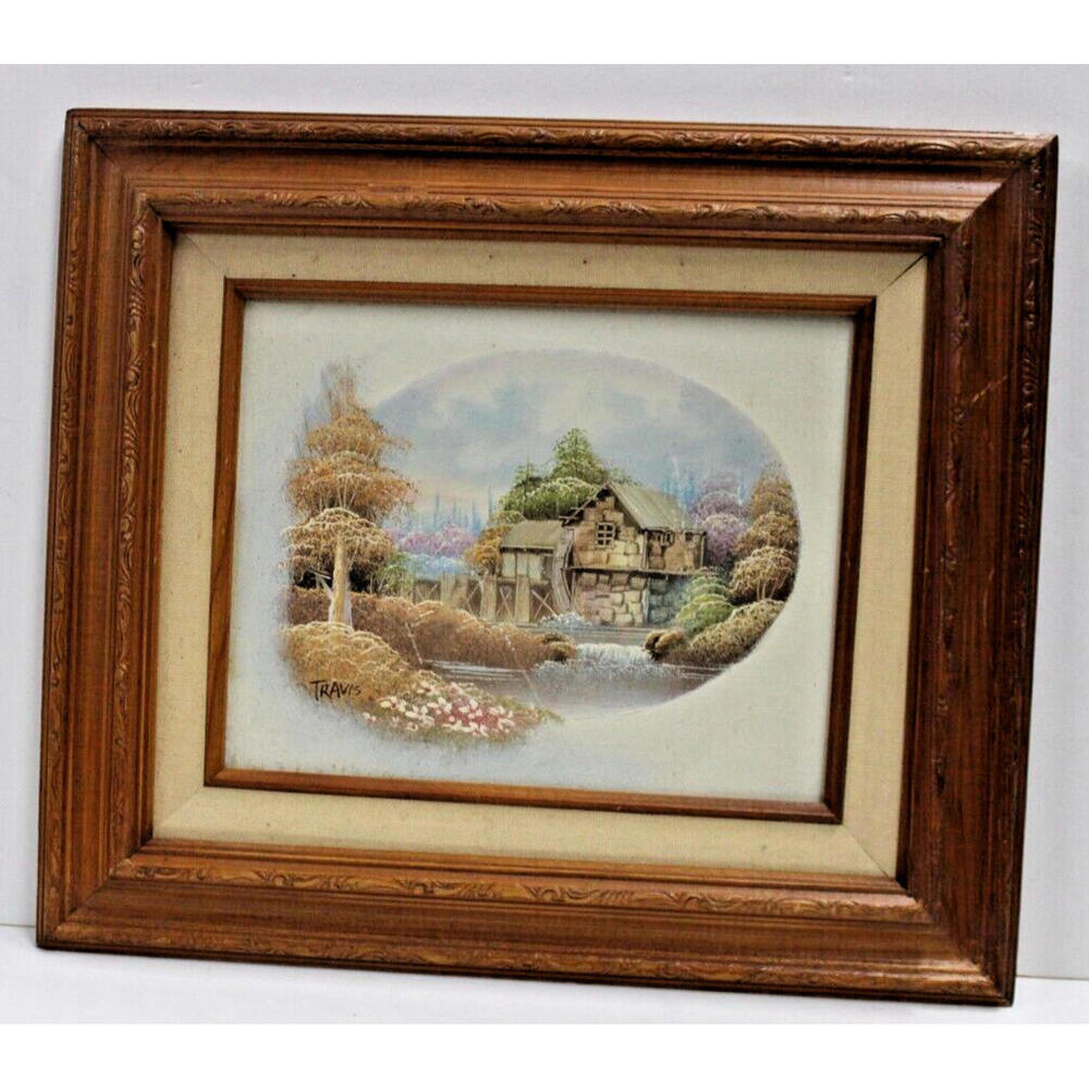 Rare Wooden Frame Nathan Oil Painting Cottage With Bridge And Flowers 14" x 12"